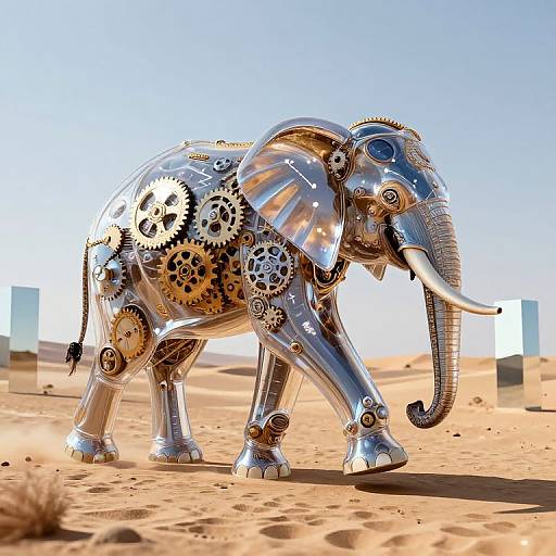 Photorealistic CGI of a metallic elephant with intricate gear and cogwork details, standing in a bright, sandy desert under a clear blue sky.