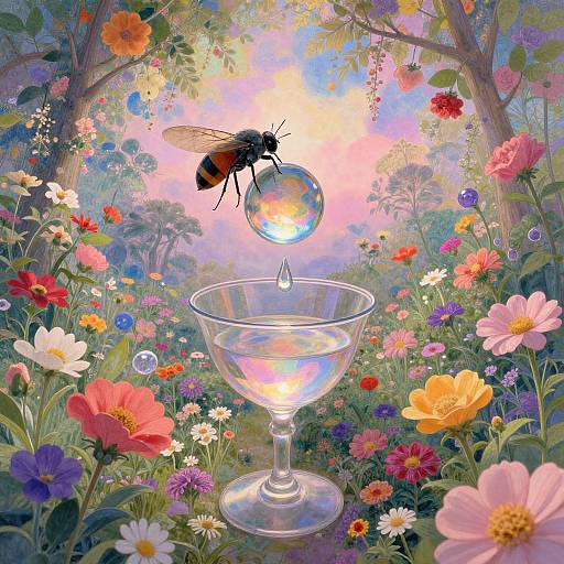 Digital artwork of a bee with iridescent wings, balancing a glowing orb on a glass goblet, surrounded by vibrant, colorful flowers in a lush