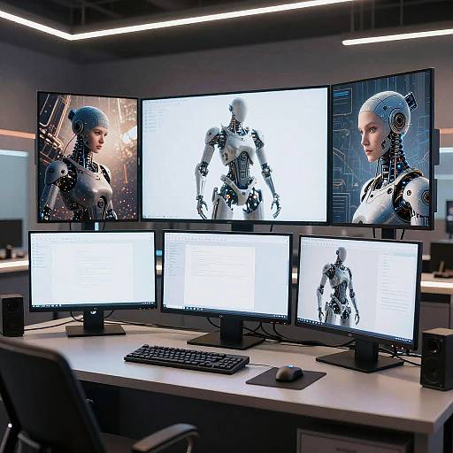 Photograph of a high-tech office desk with five monitors displaying cybernetic female androids, white desk, keyboard, mouse, and sleek modern lighting