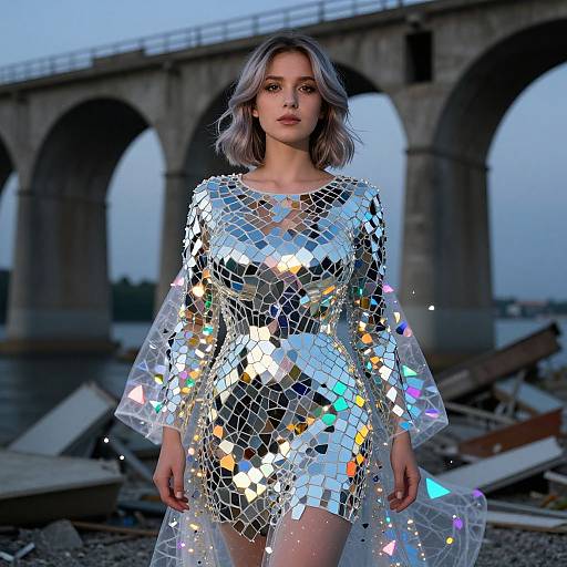 Photograph of a silver-haired woman in a shimmering, reflective dress with multicolored lights, standing in front of a large, arched bridge