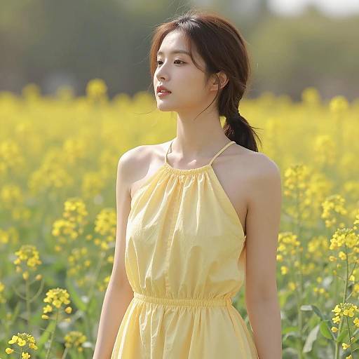 Asian Woman in Yellow Dress in Flower Field