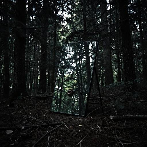 Photograph of a dark forest with a large, leaning, reflective glass panel positioned among tall trees, mirroring the dense, shadowy forest backdrop.
