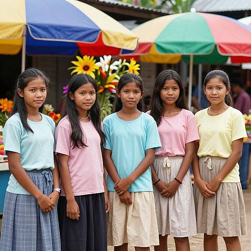 Photograph of five young Indian girls standing in a row, wearing pastel shirts and plaid skirts, with colorful umbrellas and sunflowers in the