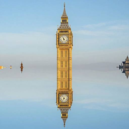 Photograph of London's Big Ben clock tower perfectly reflected in calm water, against a clear blue sky, with distant city buildings.