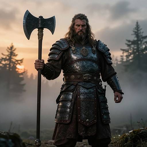 Photograph of a bearded Viking warrior with long hair, wearing metallic armor and holding a large double-headed axe, standing in a misty forest at