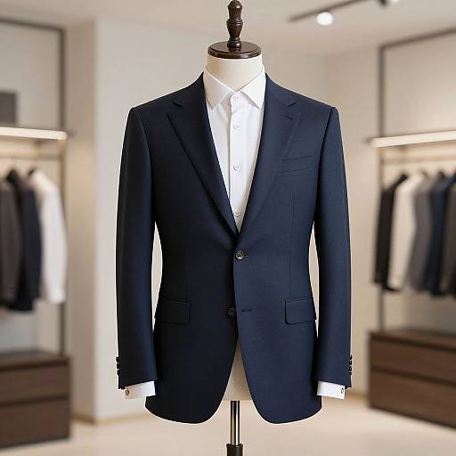 Photograph of a navy blue single-breasted suit on a mannequin, with a white dress shirt and tie, in a modern, well-l
