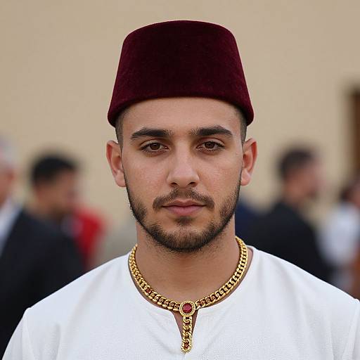 Photograph of a Middle Eastern man with light brown skin, dark eyebrows, and trimmed beard, wearing a maroon fez, white robe, and