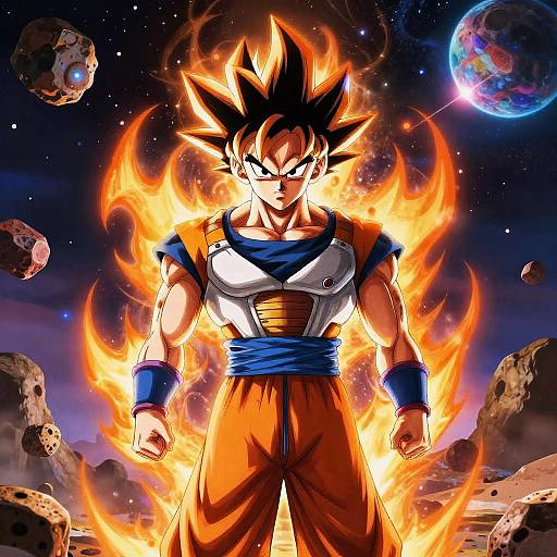 Digital art of Goku, Super Saiyan, standing in fiery aura, space background with planets, rocky debris, intense expression, orange and black spiky