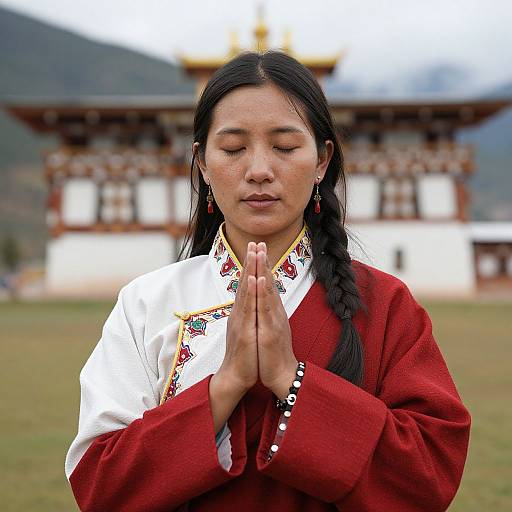 Photograph of a young Asian woman with long black hair in traditional red and white Korean attire, praying with hands together, in front of a blurred temple