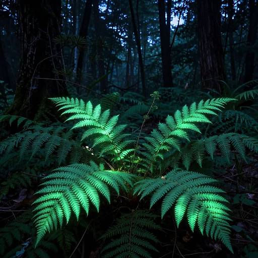Photograph of glowing green fern leaves in a dark forest, illuminated by bioluminescence, with tall, shadowy trees in the background.