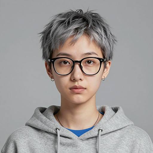 Young Woman with Short Gray Hair and Glasses