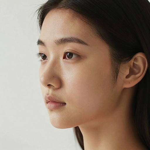 Close-up photograph of a young Asian woman with fair skin, dark straight hair, and subtle makeup, looking slightly to the left.