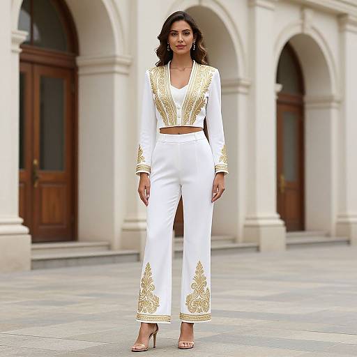 Photograph of a South Asian woman in a white, gold-embroidered crop top and high-waisted pants, standing on a stone-p