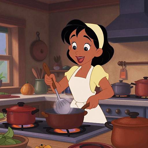 Cartoon-style image of a smiling, dark-skinned girl with black hair, wearing a white apron and yellow headband, cooking on a stove