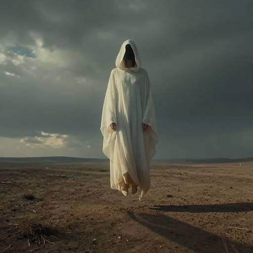 Surreal Cloaked Figure in Barren Landscape
