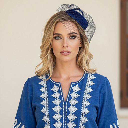 Photograph of a blonde woman with wavy hair, wearing a blue embroidered blouse, white floral patterns, and a black netted hat, smiling against