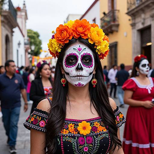 Photograph of a woman in a colorful Day of the Dead costume with a flower crown, white skull mask, and floral dress, standing in a bustling
