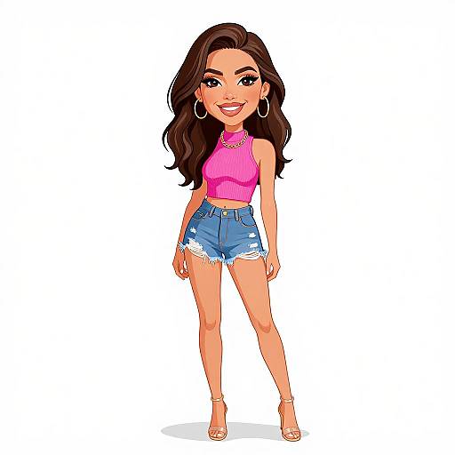 Digital illustration of a smiling, tan-skinned woman with long brown hair, wearing a pink crop top, blue high-waisted shorts, and sandals