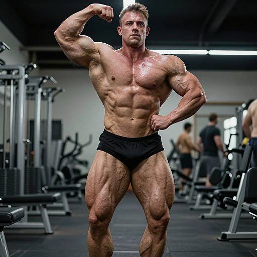 Photograph of a muscular, shirtless, blonde-haired man in black briefs, flexing his right bicep in a gym, glistening