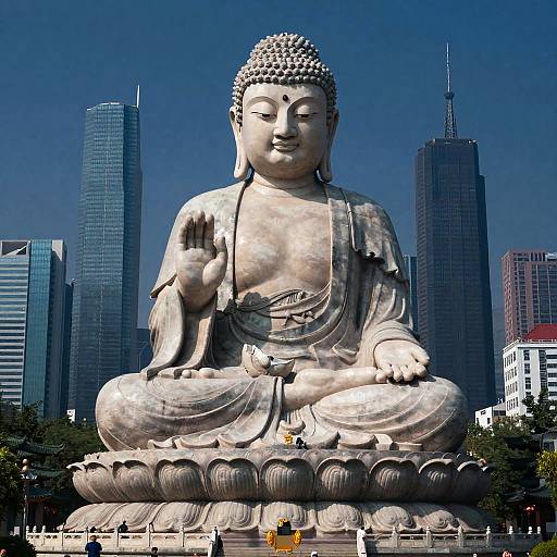 Giant Buddha in Cyberpunk Cityscape