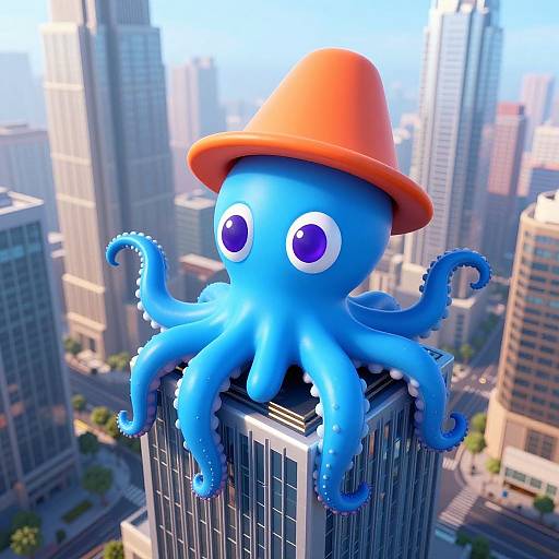 CGI image of a blue cartoon octopus with large purple eyes and an orange hat, sitting on a skyscraper in a bustling cityscape.