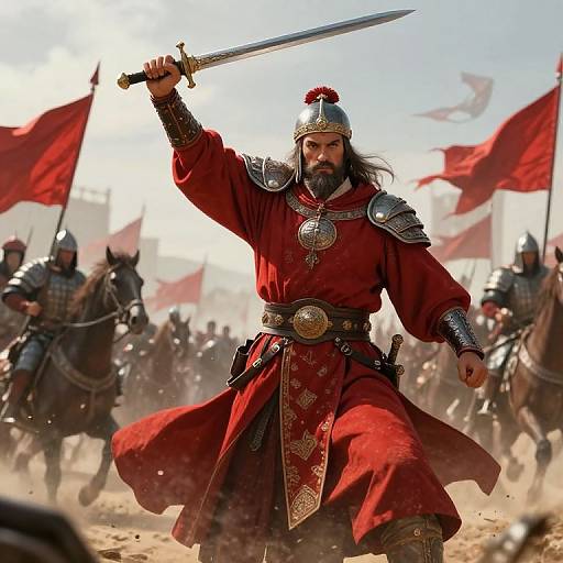 Digital illustration of a bearded warrior in a red, ornate robe and helmet, holding a raised sword, leading a charge of armored soldiers with red