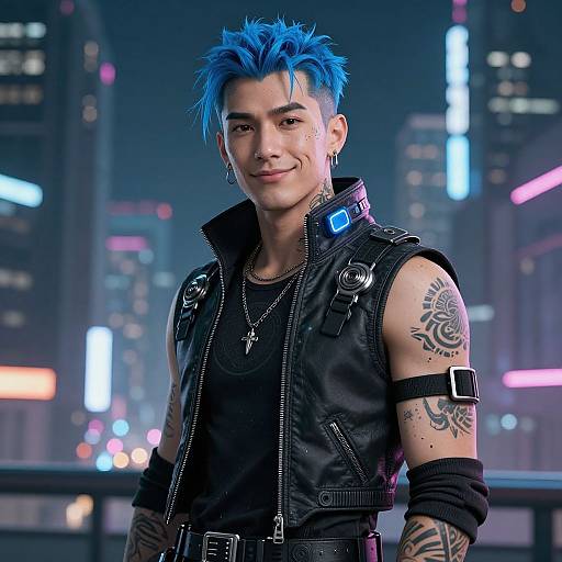 Photorealistic digital portrait of a smiling Asian man with blue spiky hair, black leather vest, tattoos, and neon-lit cityscape background.