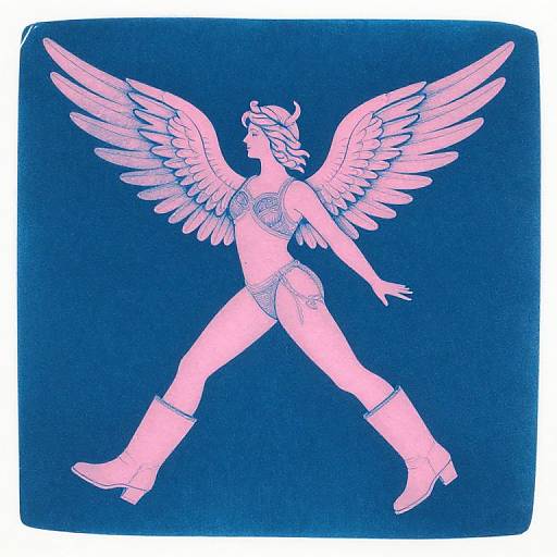 Digital illustration of a pink-winged, classical-style angel in lingerie and boots, walking diagonally against a dark blue background.