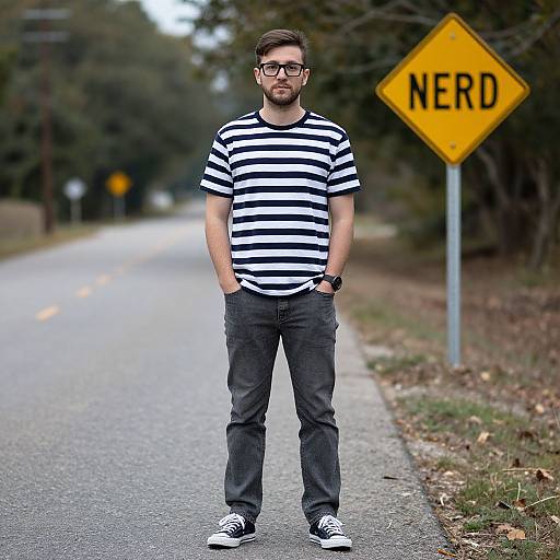 Photograph of a bearded man with glasses, wearing a black-and-white striped shirt, dark jeans, and black sneakers, standing on a roadside with