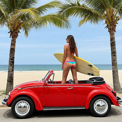 Woman on Beetle with Surfboard