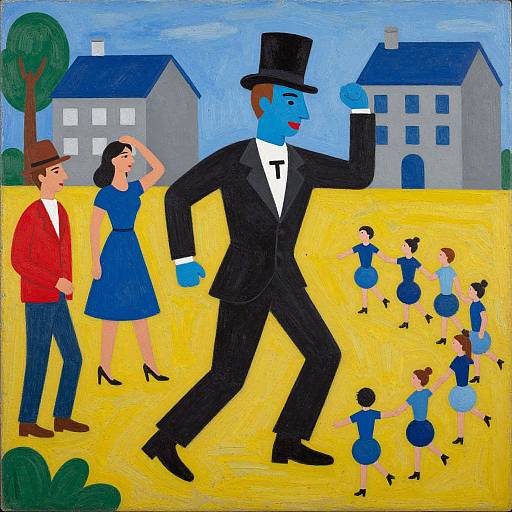 Colorful painting of a blue-faced man in a top hat and suit, leading blue-dressed children in a yellow field, with a couple watching in