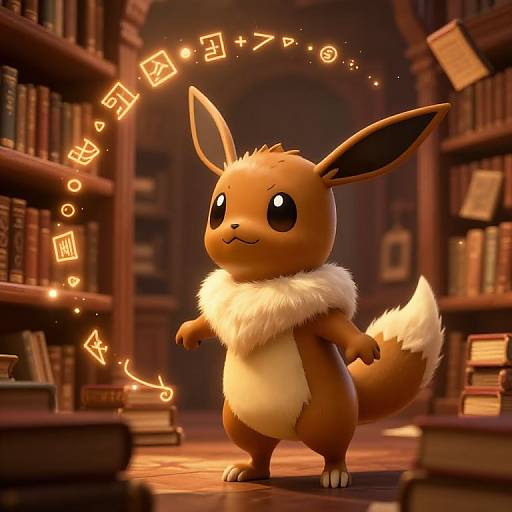 Digital artwork of a cute, brown Eevee with a fluffy white neck and tail, casting magical glowing symbols in a warm, wooden library.