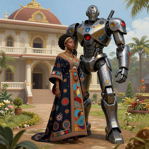 Digital artwork: African woman in vibrant, patterned traditional dress stands beside a metallic, futuristic robot in front of a grand, ornate mansion. Blue
