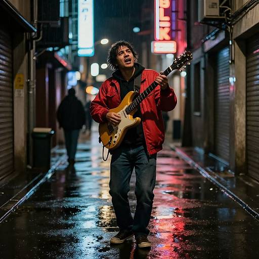 Photograph of a passionate Asian man with curly hair, wearing a red jacket, playing a yellow electric guitar on a rainy, neon-lit urban alley
