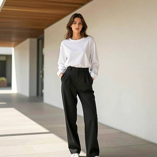 Woman in Casual Black Pants and White Shirt