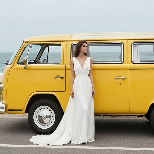 Photograph of a woman in a white, deep V-neck, sleeveless wedding dress standing beside a bright yellow vintage van by the seaside.