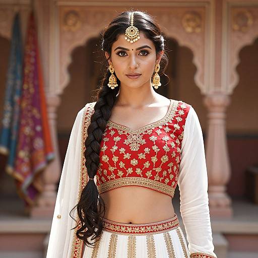 Photograph of an Indian woman with long black hair in a braid, wearing a red floral crop top and white lehenga, adorned with gold jewelry