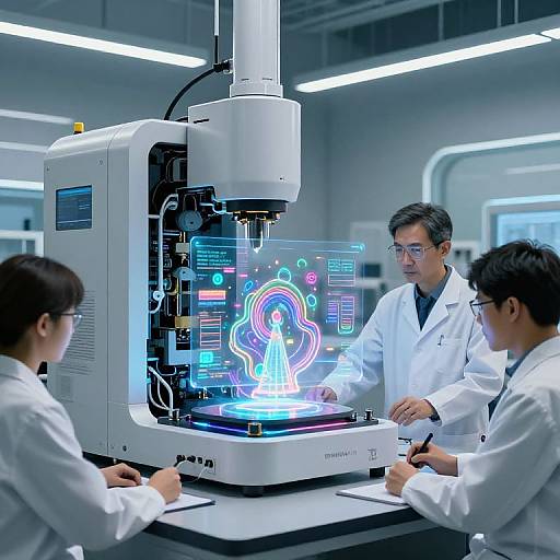 Photograph of three Asian scientists in white lab coats operating a futuristic, white CNC machine displaying colorful, neon blue holographic data.
