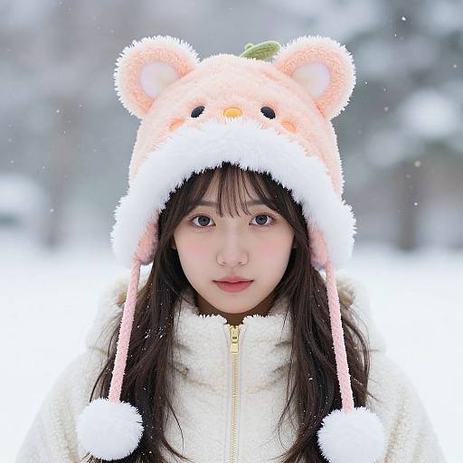 Photograph of an Asian girl with long black hair, wearing a fluffy white and pink bear-themed winter hat, and a white zip-up coat, standing