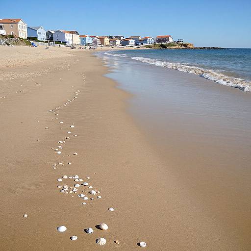 Photograph of a sunlit beach with smooth, wet sand, scattered seashells, gentle waves, and colorful houses in the background.