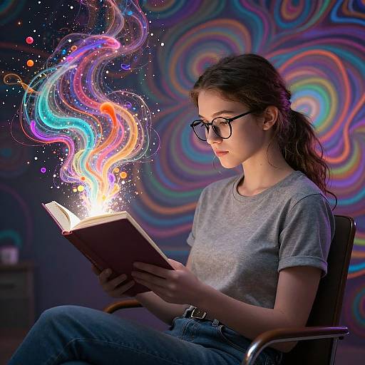 Photograph of a young woman with glasses and ponytail, wearing a gray shirt, reading a book with colorful, swirling fire magic emitting from it,