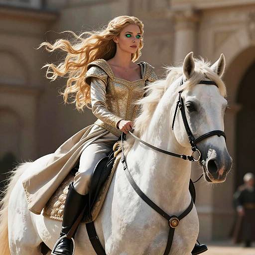 Photograph of a blonde woman with long, wavy hair, in gold and black medieval armor, riding a white horse, with a blurred stone building