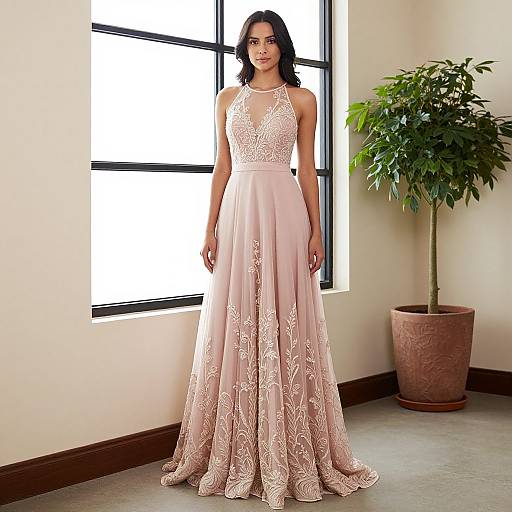 Photograph of a slender woman with medium brown skin and dark hair, wearing a pink lace and tulle sleeveless evening gown, standing in a sun