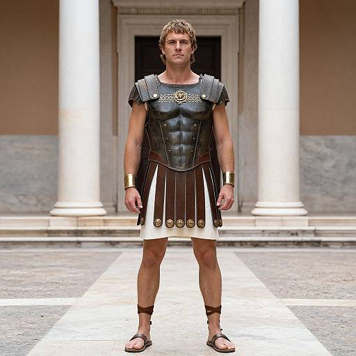 Photograph of a muscular man in ancient Greek armor standing in front of white columns, wearing a black leather chest plate, brown skirt, and sandals,