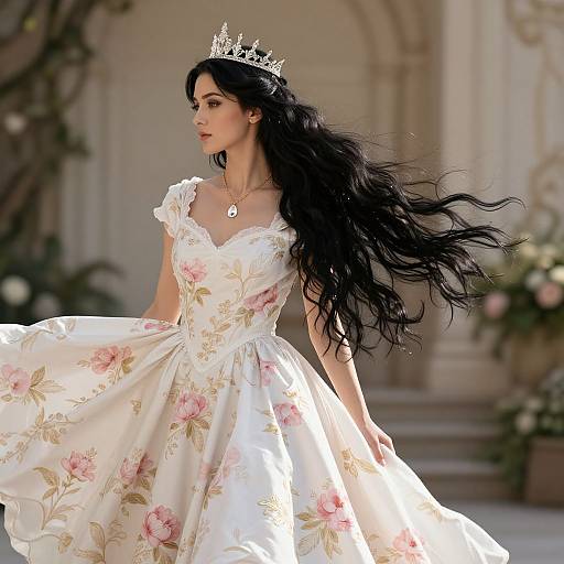 Photograph of a woman with long black hair, wearing a silver crown, white floral dress, and necklace, in an elegant, sunlit garden.