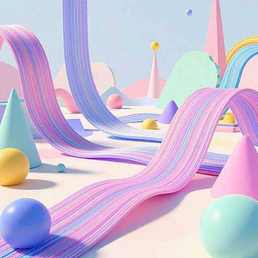 Bright, digital CGI art featuring colorful, pastel geometric shapes and long, flowing pink and blue ribbons against a light blue background.