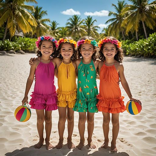 Three Girls in Swimwear on Tropical Beach
