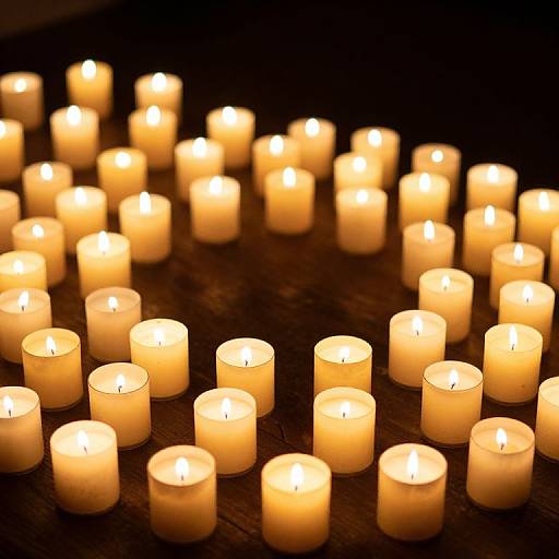 Photograph of numerous small, glowing white candles arranged in a scattered pattern on a dark wooden surface, casting a warm, soft light.