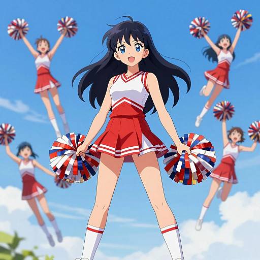 Anime-style digital drawing of a black-haired cheerleader with blue eyes, red and white uniform, holding pom-poms, surrounded by floating cheerleader duplicates