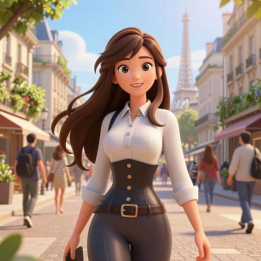 CGI anime-style woman with long brown hair, white blouse, black corset, and jeans, smiling on a sunny Parisian street. Eiff